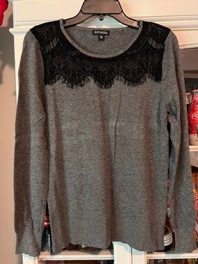 George Gray Knit Top with Black Lace Yoke